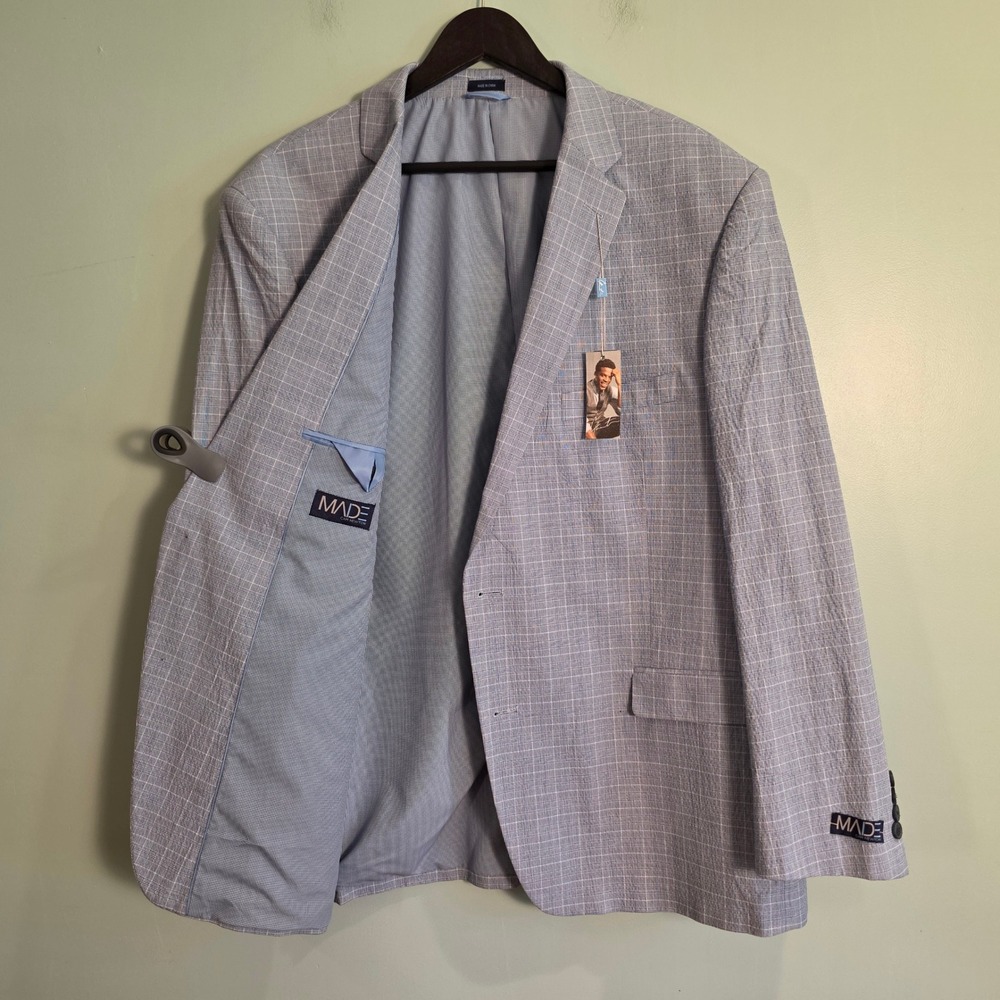 MADE Cam Newton Mens Blue Black Plaid Cotton Sport Coat Blazer 48R C655JM NWT